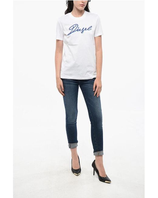 DIESEL White Crew Neck Sily Cotton T-Shirt With Embroidered Logo