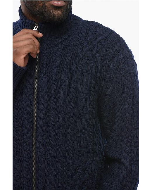 Versace Blue Virgin Wool Zip-Up Pullover With Cable Knit Design for men