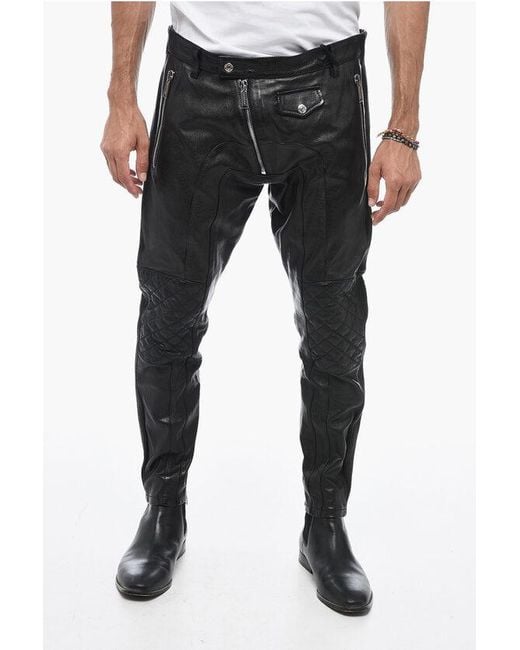DSquared² Black Leather Biker Pants With Zipped Detailing for men