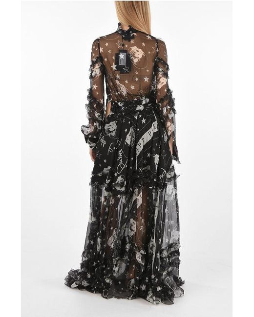 Philipp Plein Black Couture Est.1978 Floor-Length Tiered Sheer Silk Dress With B