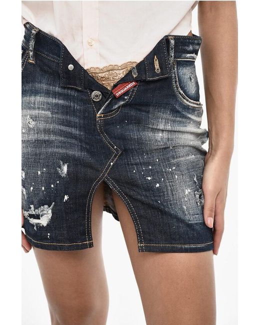 DSquared² Blue Vintage Effect Denim Mini Skirt With Frontal Split