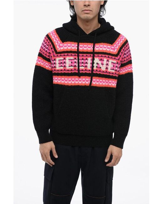 Céline Black Hooded Wool Pullover With Jacquard Logo for men
