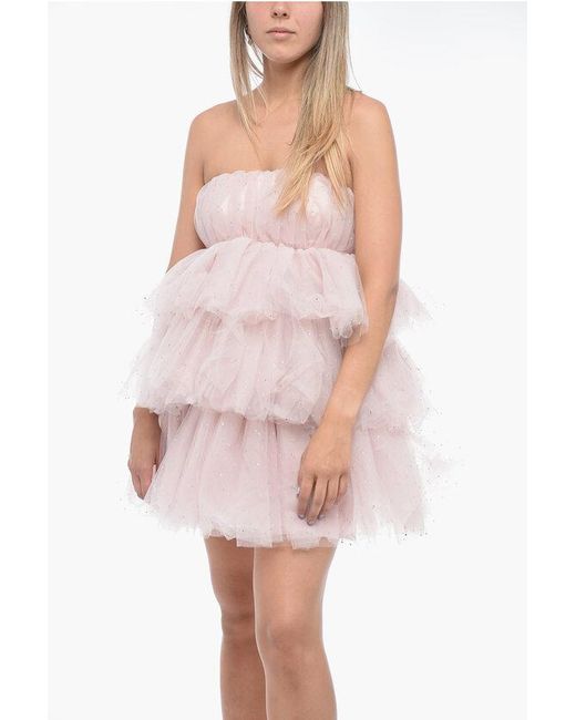 ROTATE BIRGER CHRISTENSEN Pink Flounced Tulle Minidress With Rhinestones