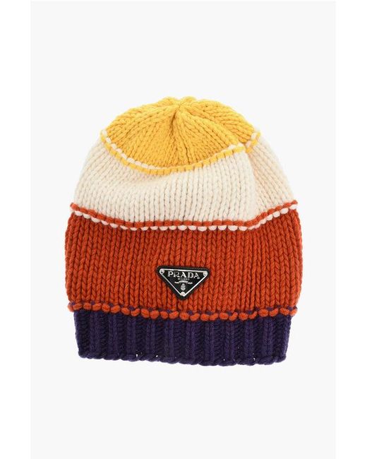 Prada Orange Wool And Cashmere Beanie With Embossed Logo