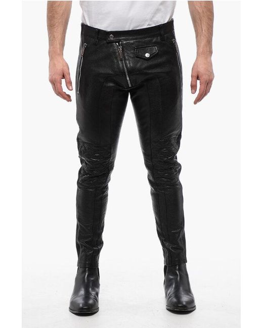 DSquared² Black Leather Biker Pants With Zipped Detailing for men