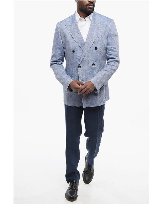 Dolce & Gabbana Blue Taormina Double-Breasted Unlined Pure Linen Blazer for men