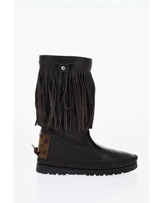 DSquared² Black Leather Mid Boots Fringes