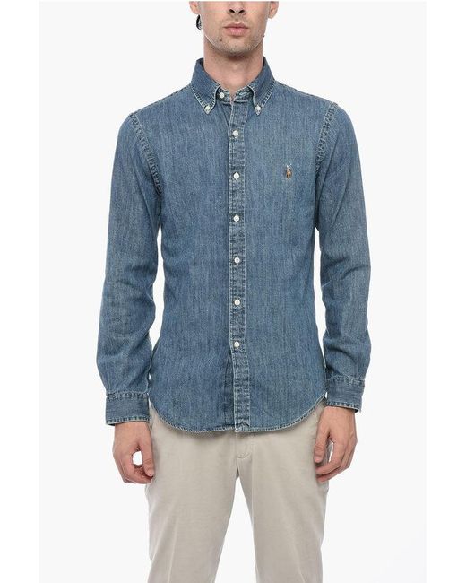 Polo Ralph Lauren Blue Button-Down Denim Shirt With Embroidered Logo for men