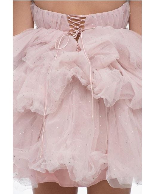 ROTATE BIRGER CHRISTENSEN Pink Flounced Tulle Minidress With Rhinestones