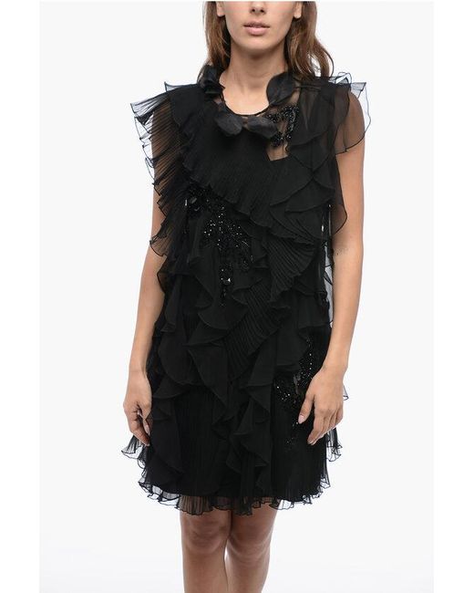 Alberta Ferretti Black Georgette Plited And Ruffle Desing Dress With Shimmer Embrod