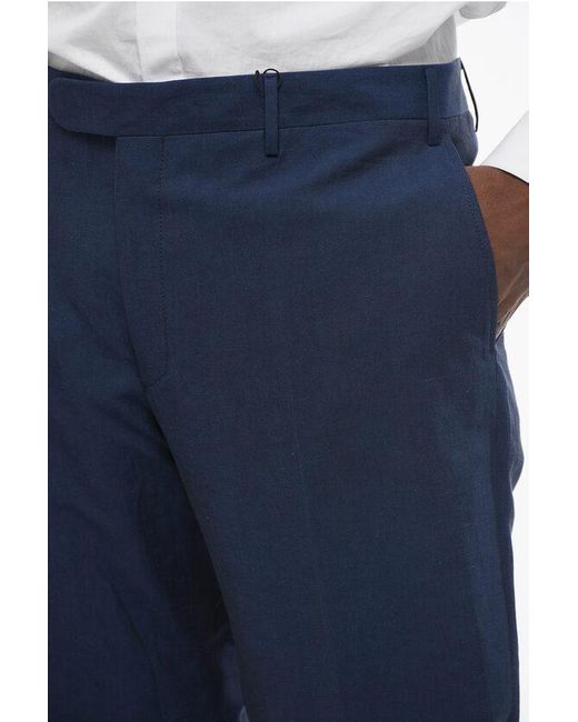 Corneliani Blue Cc Collection Linen Blend Pants With Scalloped Hem for men