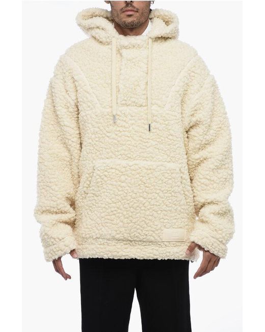 AMI Natural Shearling Logoed Hooded Sweatshirt With Drawstring