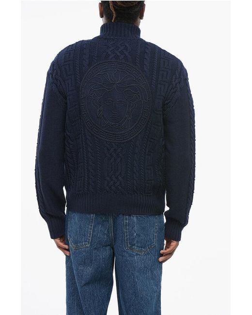 Versace Blue Virgin Wool Zip-Up Pullover With Cable Knit Design for men