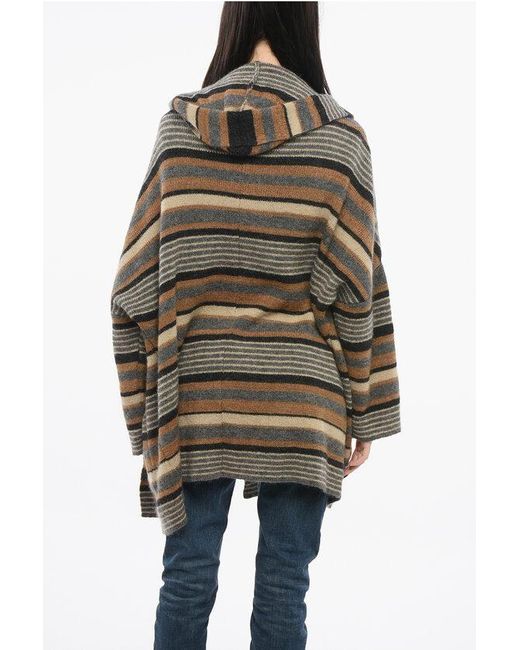 Woolrich Brown Striped Wool Blend Maxi Cardigan With Hood