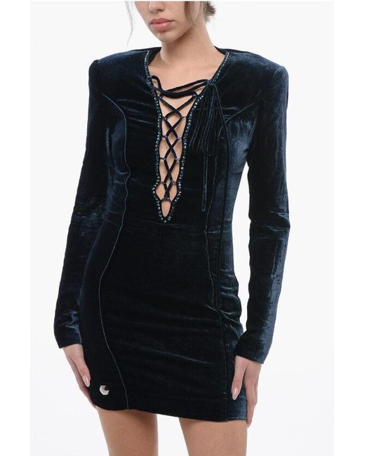 Philipp Plein Black Couture Velour Dress Elegant With Lace-Up Detail