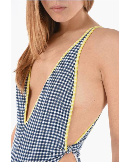 DIESEL Blue Checked Bfsw-Tessah One Piece Swimsuit With Deep V-Neck