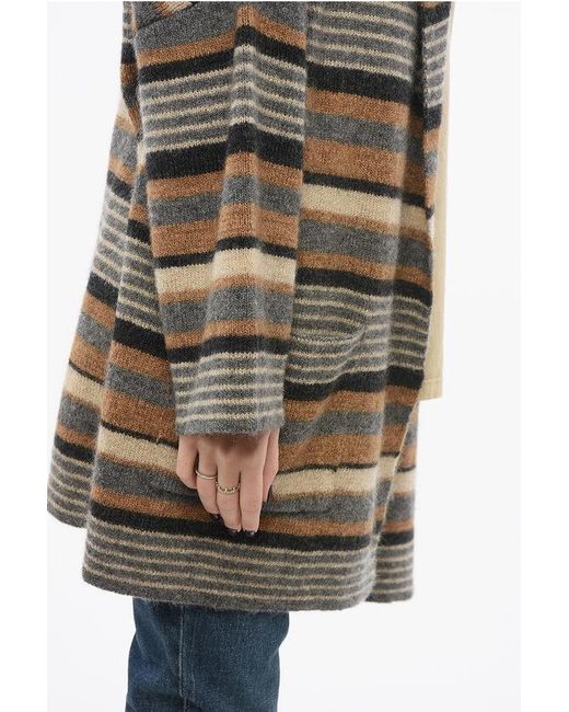 Woolrich Brown Striped Wool Blend Maxi Cardigan With Hood