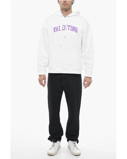 Valentino White Logo Print Brushed Cotton Hoodie for men