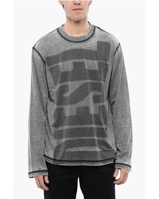 DIESEL Gray Tag Burn-Out Wash Long Sleeved T-Crane-Ls-L1 Crew-Neck T for men