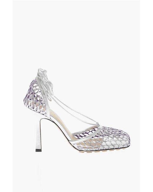 Bottega Veneta White Fishnet Sandals Metallic Effect Heel 10 Cm