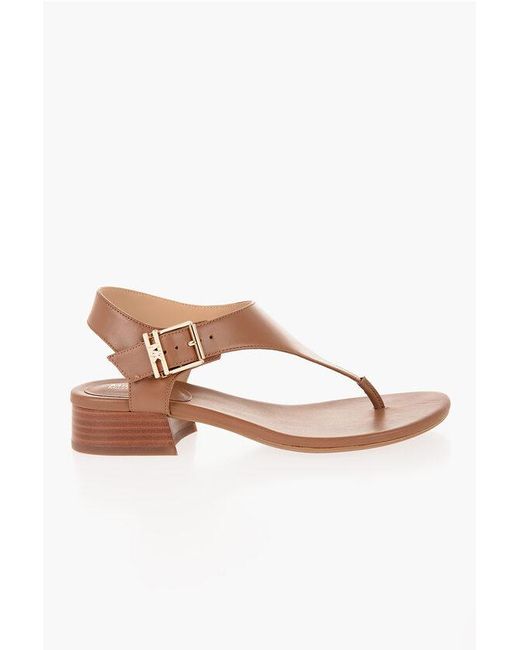 Michael Kors Brown Michael Leather Robyn Thong Sandals With Golden Buckle Heel