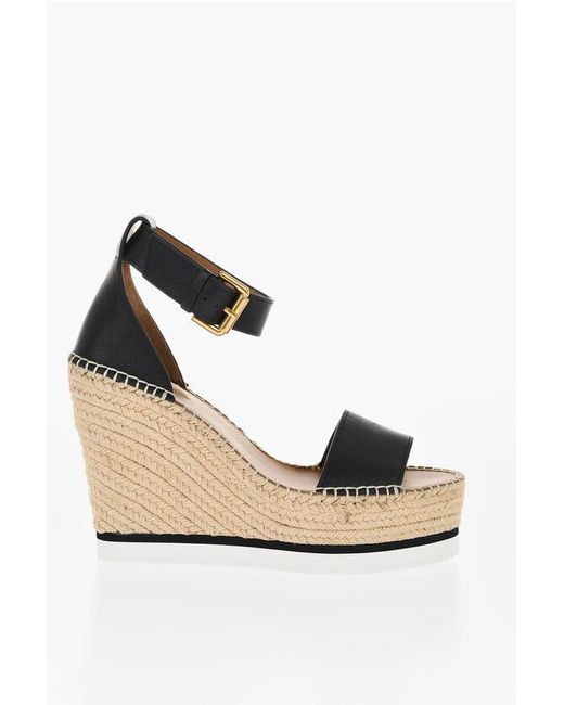 See By Chloé Black Leather Sandals Espadrillas Wedge 12 Cm