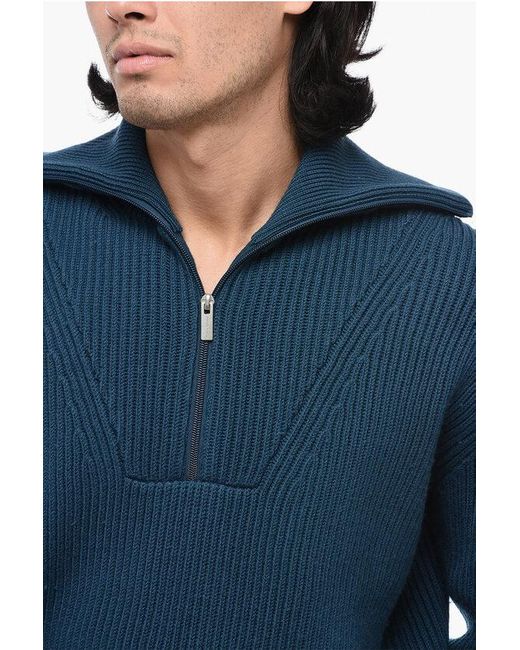 Drole de Monsieur Blue Ribbed Merino Wool Sweater With Half Zip for men