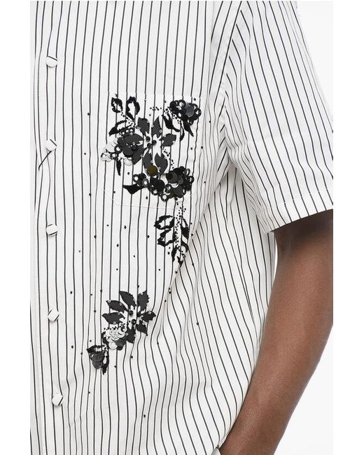 Dolce & Gabbana White Striped Bowling Shirt With Sequined Embroidery for men