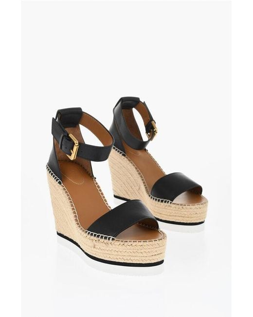 See By Chloé Black Leather Sandals Espadrillas Wedge 12 Cm