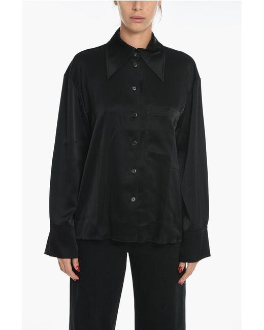 Nanushka Black Relax-Fitting Ebba Satin Shirt With Embroidered Logo