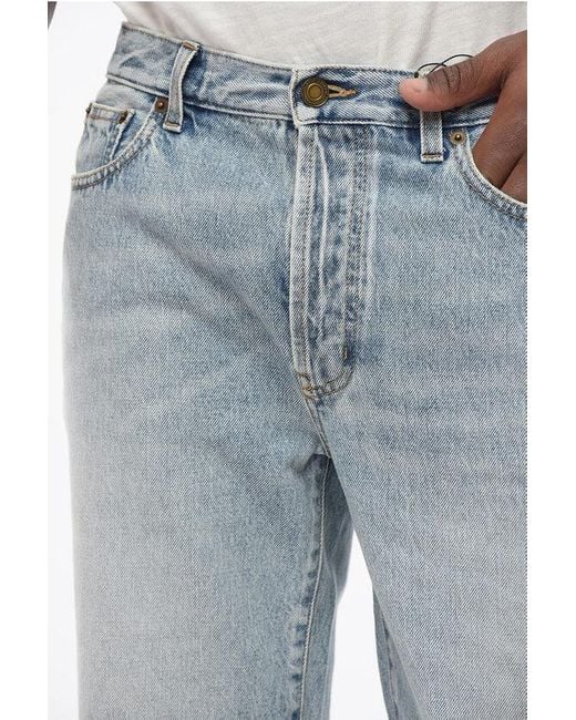 Saint Laurent Blue Light Wash Denim Shorts With Fringed Bottom for men