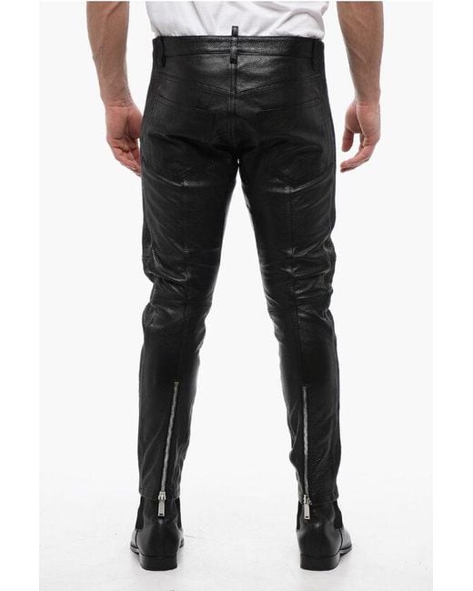 DSquared² Black Leather Biker Pants With Zipped Detailing for men