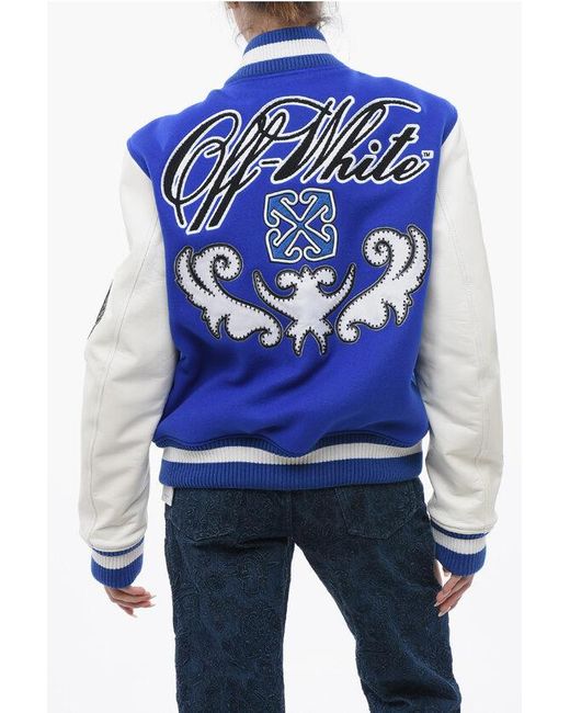 Off-White c/o Virgil Abloh Blue Padded Royal Bomber Jacket With Leather Sleeves And All-Over