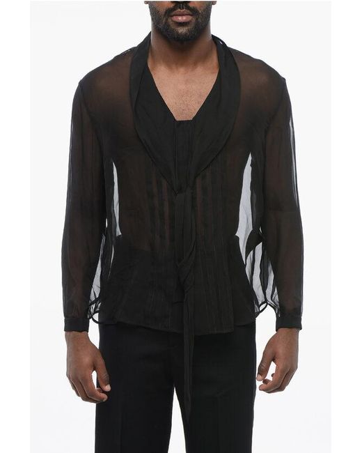 Saint Laurent Black Silk Tuxedo Shirt With Tie Neck Detail for men
