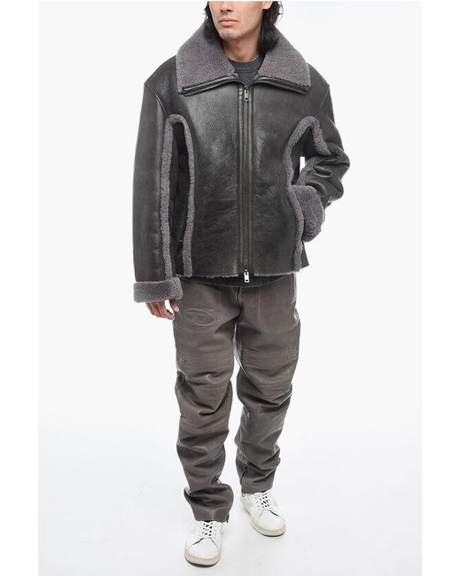 DIESEL Gray Vintage Effect Leather L-Browny Oversized Jacket With Fur De for men