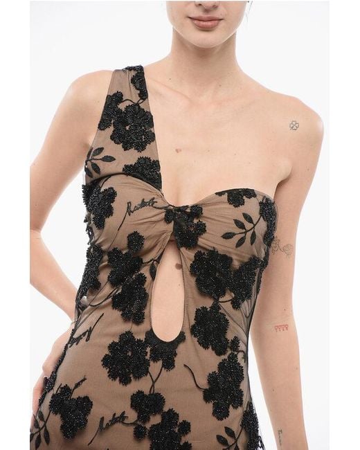 ROTATE BIRGER CHRISTENSEN Black Layered One-Sleeved Long Dress With Beads Details