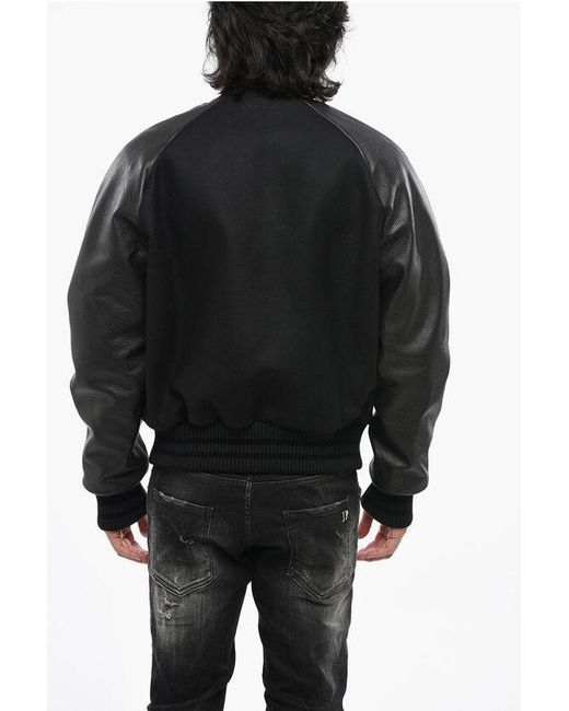 DSquared² Black Wool Cloth Bomber Jacket With Leather Sleeves And Patches for men