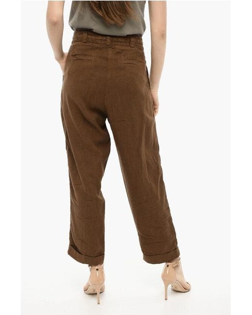 Woolrich Brown Doluble Pleated Linen And Cotton Pants With Belt