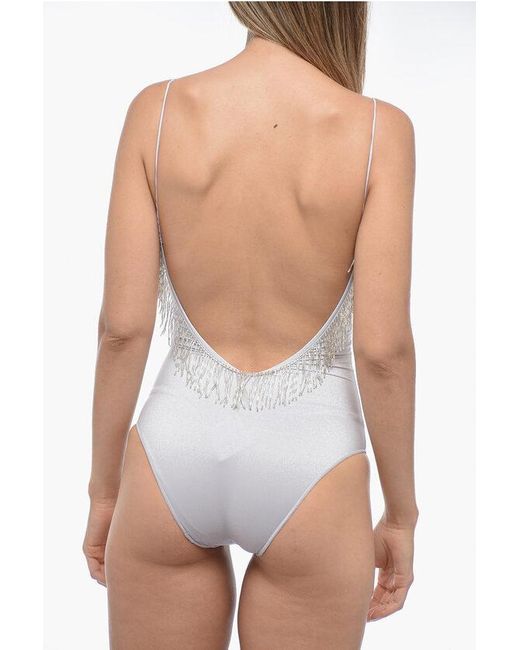 Oseree White Glitter Effect One-Piece Swimsuit With Beads