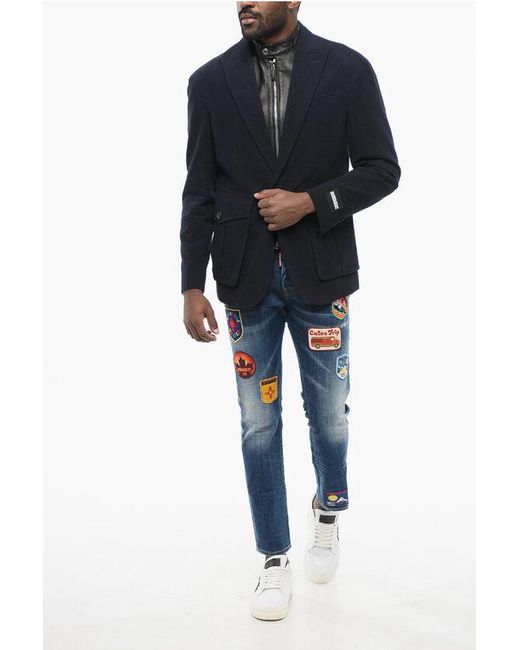 DSquared² Blue Pinstriped Blazer With Leather Chest Piece for men