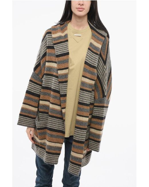 Woolrich Brown Striped Wool Blend Maxi Cardigan With Hood
