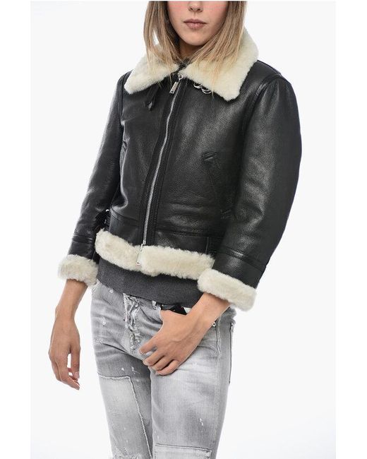 DSquared² Black Leather Jacket With Shearling Detailing