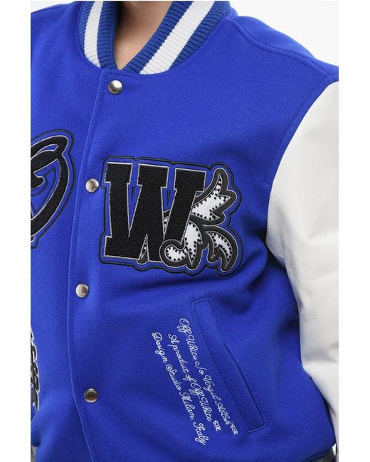 Off-White c/o Virgil Abloh Blue Padded Royal Bomber Jacket With Leather Sleeves And All-Over