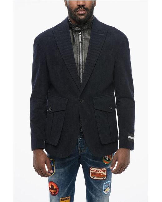 DSquared² Blue Pinstriped Blazer With Leather Chest Piece for men