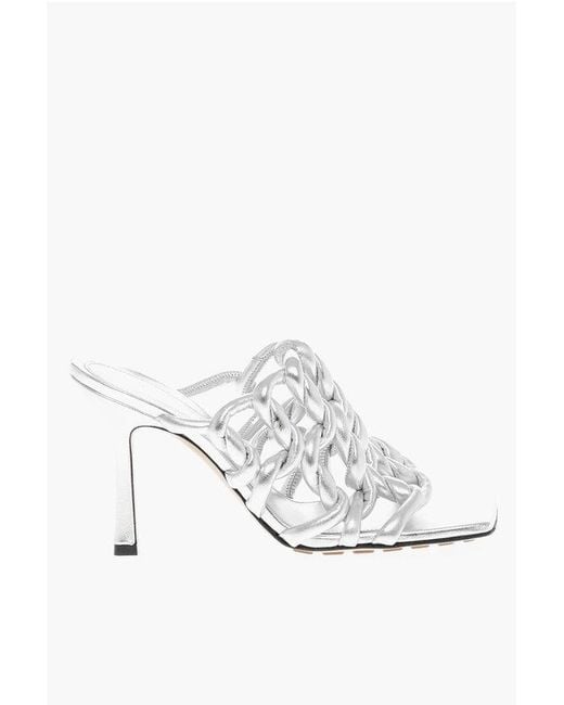 Bottega Veneta White Lamé Woven Leather Sandals With 10Cm Spool Heel
