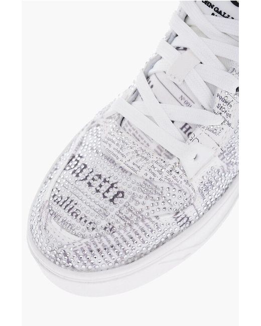 John Galliano White Fabric Gazette Sneakers With Rhinestone Embellishment