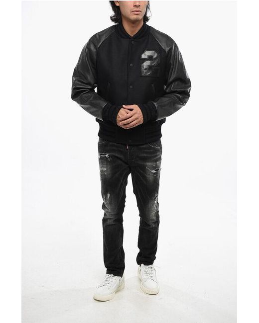 DSquared² Black Wool Cloth Bomber Jacket With Leather Sleeves And Patches for men