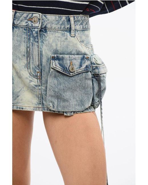 The Attico Blue Bleached Effect Denim Miniskirt With Multipockets