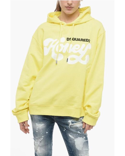 DSquared Honey Printed Cotton Hoodie in Yellow Lyst UK