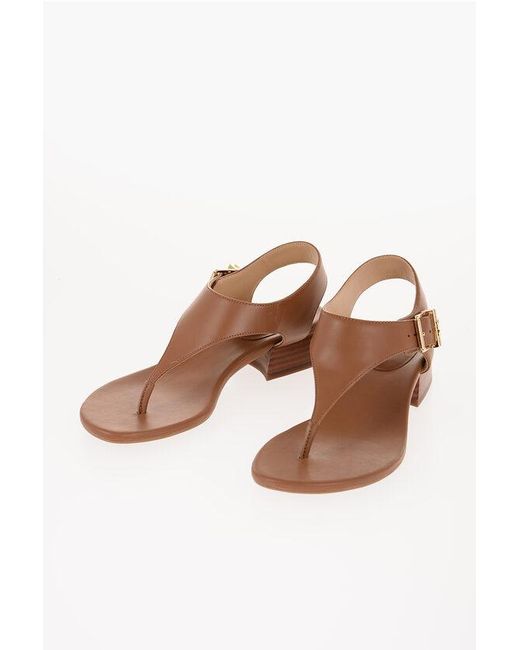 Michael Kors Brown Michael Leather Robyn Thong Sandals With Golden Buckle Heel